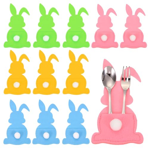 QUARKZMAN 12Pcs Rangeurs De Couverts Lapin De Paques, 5.9x3.2 Rangeurs De Couverts en Feutre pour Couteaux Fourchettes Decoration De Table Mariage Anniversaire Fete, Multicolore