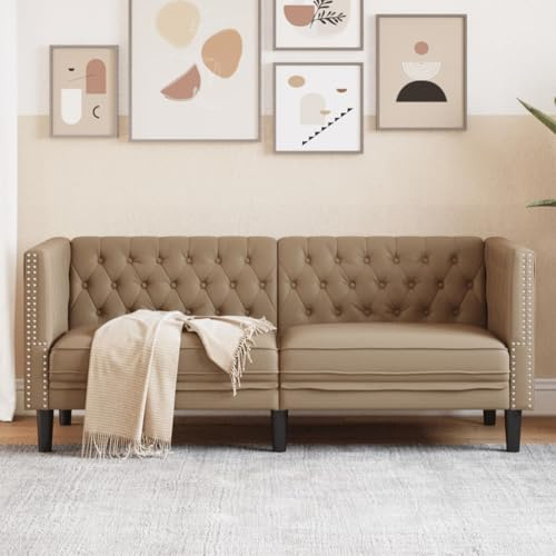 Ordellia Chesterfield-soffa 2-sitsig cappuccino-konstläder, elegant design för vardagsrum, hållbart material, bekväm sittupplevelse, stabila träben, lätt att rengöra