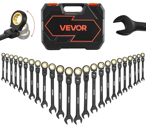 VEVOR 24-piece Ratcheting Wrench Set with 180° Flex Head, Anti-Slip Tooth, Combination Wrench Sets with Organizer Box, Metric 8-19mm & SAE 1/4-7/8, Black Electrophoretic Coating