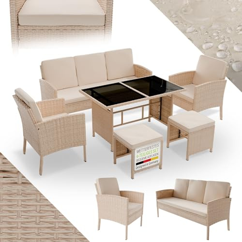 Juskys Salotto da Giardino in Rattan Torino - Set 6 pezzi - 7 persone - Arredo da esterno con poltrone, sgabelli, tavolo & cuscini - Crema