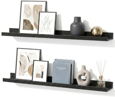 Mifurn Bilderleiste Schwarz 90 cm, 2er Set Wandregal mit erhöhter Vorder- und Rückkante, modernes Bilderregal für Bilderrahmen, Bücher und Deko, Schweberegal für Wohnzimmer und Schlafzimmer