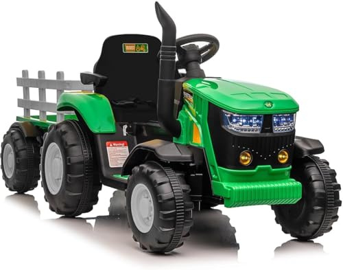 12V Elektrischer Traktor für Kinder mit Anhänger, Elektroauto Aufsitzfahrzeug mit Fernbedienung, LED Licht & Musik, 2 Fahrmodi, Abnehmbarer Anhänger, für Kinder ab 3 Jahre, Grün