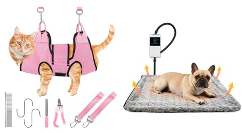 PatiencET Bundle of Pet Grooming Hammock for Cats & Dogs with Security Strap and 18x18 Cat Heating Pad with 6-Temp & 5-Timer