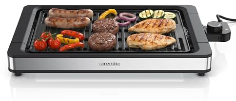 Arendo - Tischgrill Elektrogrill Edelstahl - bis 250 Grad - Steaks, Würstchen, Fisch, Meeresfrüchte, Gemüse, Pilze u.v.m. - für Balkon, Garten, Indoor - starke 1800 Watt - Antihaftbeschichtung
