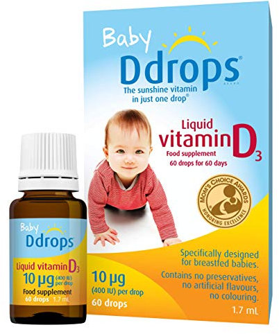 Baby Ddrops 10 µg 60 Drops - Daily Vitamin D3 Supplement for Infants and Young Children - Supports Teeth & Bone Health - No Preservatives, No Taste, Non-GMO, Allergy-Friendly.