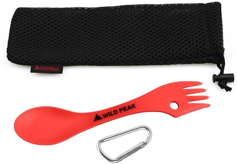 Wild Peak Plastic Spork - Lightweight & Strong All in one Spoon, Fork, Knife Cutlery with Optional Storage Bag ▲ (Fire Red, with Storage Bag)