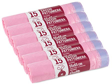 Gallo, Sacchi per Pattumiera, Rotoli da 15 sacchetti, Kit da 6 rotoli, 55x65cm, Maniglie Tira e Chiudi, Rosa.