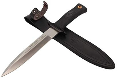 Muela Cuchillo SCORPION-19W hoja de acero ACX-380 de 19 cm y empuñadura de goma para Caza, Pesca, Supervivencia y Bushcraft Realizado en Ciudad Real + Portabotellas de regalo