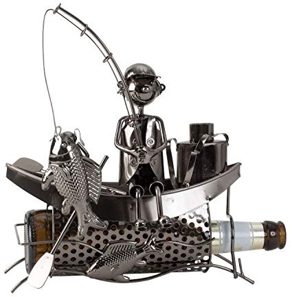 Lifestyle & More Moderner Bier Flaschenhalter Flaschenständer Fischer im Boot aus Metall in Silber 22x23 cm