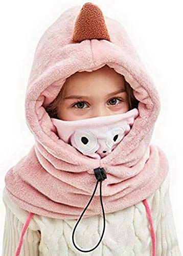 Fancyland Unisex Kinder Winter Mütze Jungen Mädchen Kapuzenschal, 5 in 1 Hut mit Warmen Schal Ski-Outdoor Sport Winter Schlupfmütze Cap 4-15 Jahren (Pink Dino)