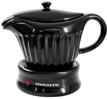 OVENTE Electric Gravy Boat Warmer with Ceramic Pot and Lid, Detachable Warming Base and Easy-Pour Spout, 13.5 Ounce Ideal for Small Parties, Entertaining, Thanksgiving and Holiday, Black FW024589B
