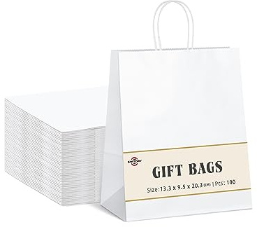 Switory Sacchetto regalo in carta Kraft 100pc 13x9,5x20cm Borsa regalo shopping bianca con manici intrecciati per bomboniere, confezione, personalizzazione, trasporto, vendita al dettaglio