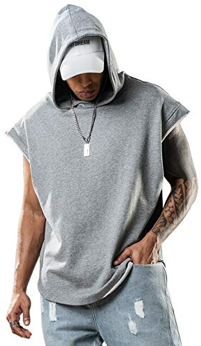 Sleeveless Hoodies for Men Tank Top Summer Muscle T Shirt Fit Running Training Basic Plain Color Grey XL