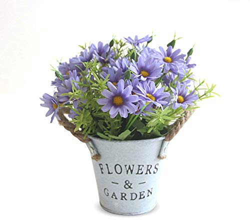Hwtcjx Artificial Flowers with Vase, Artificial Flowers in Pots, Purple | Fake Plants With Metal Pot,Plastic Flower,Vintage Metal Bucket,Decoration for Wedding,Office,Home,Graves,Outdoor,Indoor