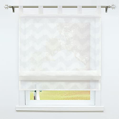 SCHOAL Raffrollo mit Schlaufen Raffgardine Landhaus Küche Gardinen Leinen Schlaufenrollo Wohnzimmer Vorhänge mit Wellen Muster Weiß BxH 140x140cm 1 Stück
