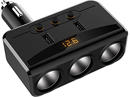 Asudaro 12V-24V Auto Zigarettenanzünder Adapter Auto Ladegerät 3-Fach Zigarettenanzünder Verteiler USB Kfz Adapter Steckdose Splitter mit Voltmeter Schalter für Handy Tablet GPS Dash Kamera,Schwarz