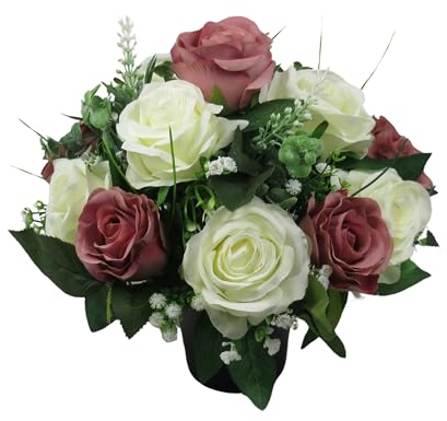 Just Because Silk Flowers Ivory and Mauve Open Rose Artificial/Silk Flower Arrangement in Grave pot, 26cm