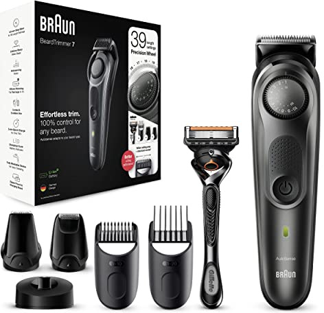 Braun Barttrimmer 7, Trimmer/Haarschneider Herren, Haarschneidemaschine, für Gesichts- und Kopfhaare, lebenslang scharfe Klingen, 39 Längeneinstellungen, Geschenk Mann, BT7340, schwarz/grau-metallic