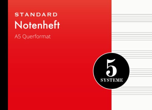 Notenheft A5 Querformat | Rot: Blanko Notizbuch mit Notenlinien | 110 Seiten - 55 Blatt | 5 Systeme pro Seite