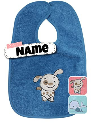 Baby Lätzchen mit Name | Klett Lätzchen Bio Baumwolle | bestickt mit Namen | Riesen Lätzchen | Baby Latz | personalisiert (Hund Rauchblau)