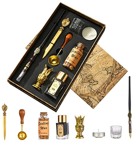 JasCherry Set di Penna a Immersione e Inchiostro, Penna Piuma Inchiostro Vintage con set Sigillo di Cera, Penne per Calligrafia per gli amanti della scrittura a mano compleanno Natale San Valentino