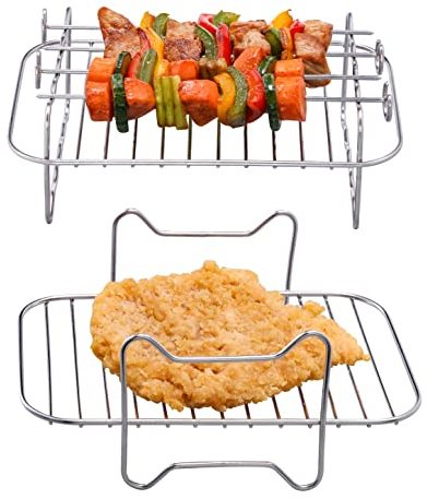 2 Pcs Air Fryer Rack, Dual Airfryer Racks Stainless Steel, Grilling Rack with 4 Skewers, Compatible with Ninja Food Dual Zone Air Fryer AF300UK AF400UK, for Double Basket Tower Air Fryers Accessories
