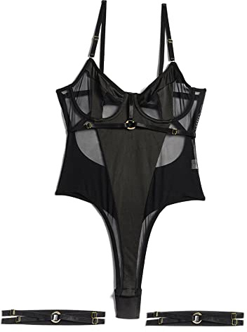 Aranmei Bodysuit für Damen Sexy Bügel Oberteil Mit Druckknopf im Schritt Mit Beinriemen und Tanga Bodysuit Dessous Set