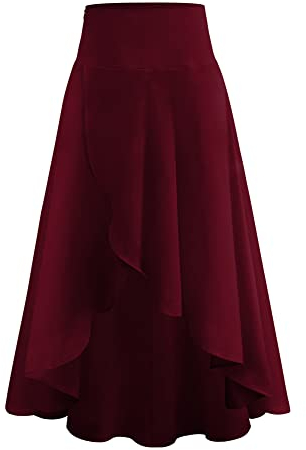 Wickelrock Rock mit Schlitz Damen Elegant High Waist Elastische Vokuhila A-Linie Yoga Lang Sommer Strandrock Maxirock Tanzrock Midirock Weinrot M