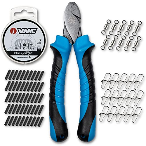Stahlvorfach Set, Klemmhülsen Zange mit 50 Quetschhülsen, Wirbel, Snaps, Karabiner und Vorfach Material zum Hechtangeln