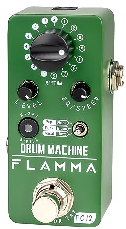 FLAMMA FC12 Drum Machine, Pédale de Batterie pour Guitare avec Fonction FILL en Temps Réel, 48 Grooves, 6 Styles Musicaux, Tap Tempo et Préréglages EQ, 44.1kHz/24Bit, Format Compact.