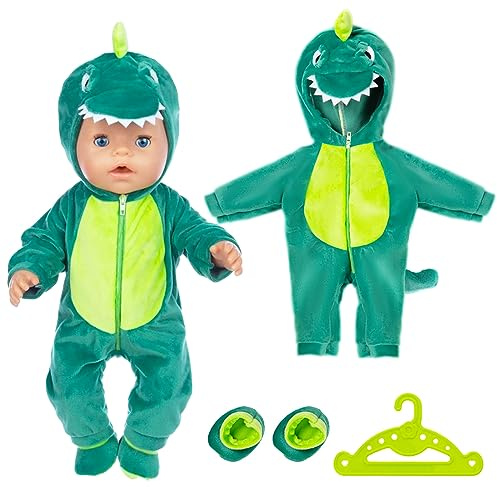 Dockkläder dockklänningar set för 14–17 tum babydockor dinosaurie jumpsuit med huva, strumpor och klädhängare docktillbehör för 36–43 cm babydockor (ingen docka)
