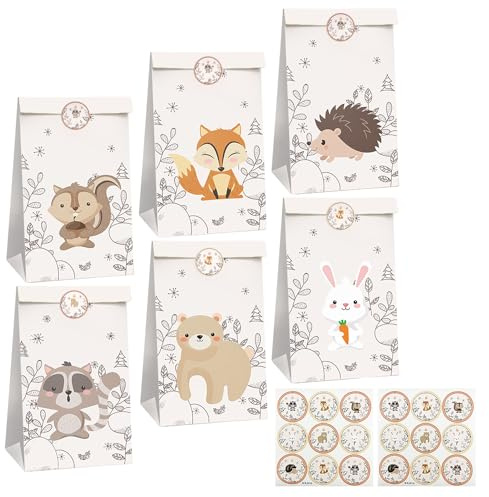 MEMOFYND 12 Stück Kraftpapiertüten Mit 18 Aufklebern, Tier-Geschenktüten, Wiederverwendbar, Süßigkeitentüten, Papier-Geschenktüten Für Spielzeug Und Snacks, Größe 22 x 12 x 8 cm, Halloween
