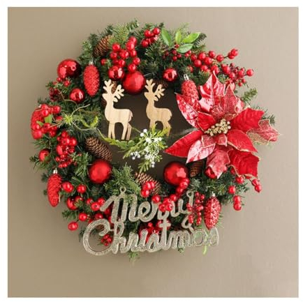 PEKJI An der Wand montierter Weihnachtskranz für die Haustür mit Kugeln, künstlicher Rattan-Kreis aus Kunststoff, Weihnachtsdekoration für den Innenbereich