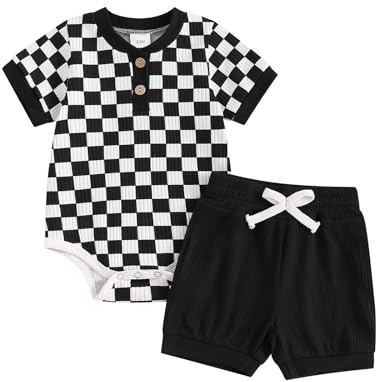 PanLidapan Newborn Baby Boys Summer Bodysuit Outfit Checkerboard Short Sleeve Romper Set Elastic Waist Drawstring Shorts 2Pcs Clothes Set (Black, 3-6 Months)