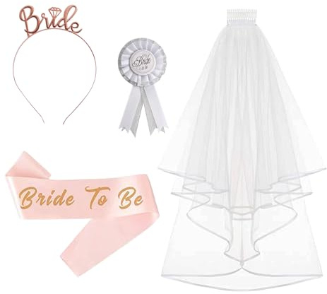 4PCS Hen Party Accessories, Bride to be Sash, Hen Party Veil, Bride Headband, Bride Badge for Bridal Shower, Bachelorette Party, Hen Party Games, Wedding, Hen Night Party
