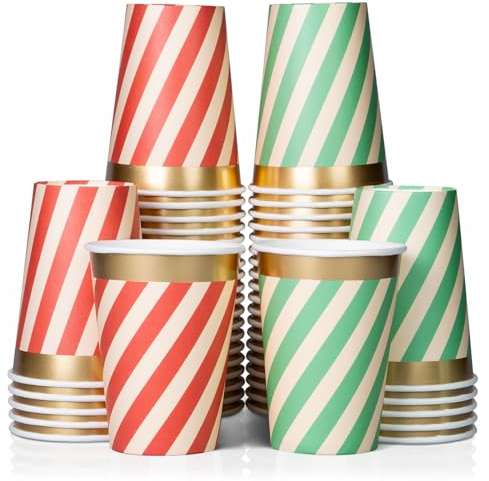 Gobelets jetables en papier pour café, lot de 50, décor Noël, pour fêtes, 355 ml (12 oz), pour restaurants et fêtes, rayures diagonales rouge et vert, feuille d'or