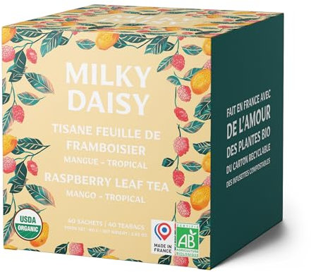 Milky Daisy - Tisane Feuille de Framboisier Bio - Saveur Mangue Tropical - Grossesse, Règles Douloureuses et Allaitement - 40 Sachets