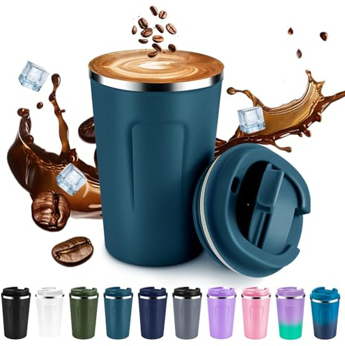 Volhoply Taza de café de viaje con aislamiento al vacío de 12 oz de doble pared con tapa abatible, taza de café reutilizable de acero inoxidable a prueba de fugas, termo térmico portátil para café