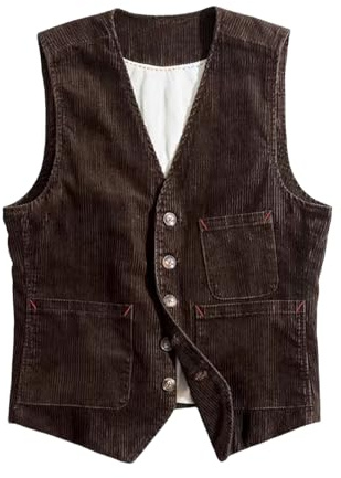 SevenBoy Men's Vintage Corduroy Suit Vest Casual V-Neck Dress Waistcoat(Brown,L)