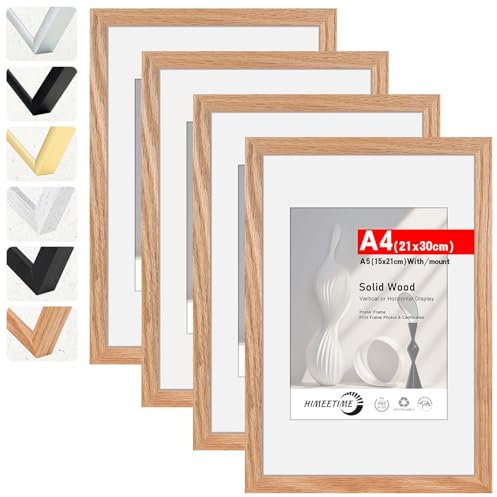 HIMEETIME® 4x cadre photo DIN A4 21x30 cm,en bois de chêne massif, Présentoir photo A5 (15x21cm) avec passe-partout,Accrochage Facile Pour montage decoration mural A4
