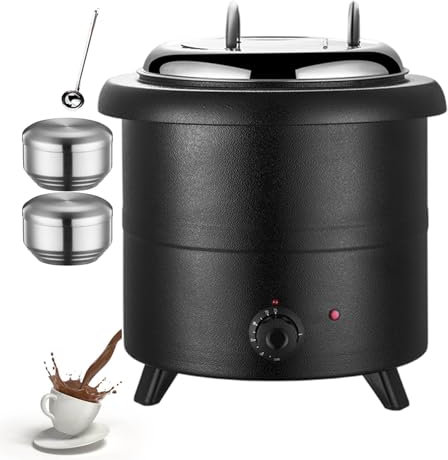 forplubossmmp Bollitore Elettrico per Zuppa con capacità in Acciaio Inossidabile da 13 Litri, Scaldavivande Commerciale per Buffet, Riscaldatore (con 2 Ciotole per Riso + 1 Cucchiaio per Zuppa),Black