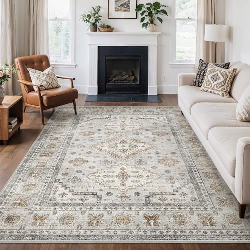 GENIMO Tapis Salon Vintage, Moquette Lavable en Machine, Beige,140x200CM