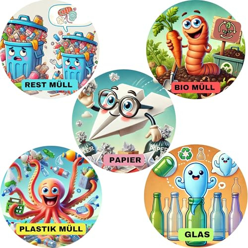 5 Stück Aufkleber für Mülltrennung lustig 7cm | Nachhaltige Mülltonnen-Sticker für Kinder – Recycling leicht gemacht – für Innen und Außen