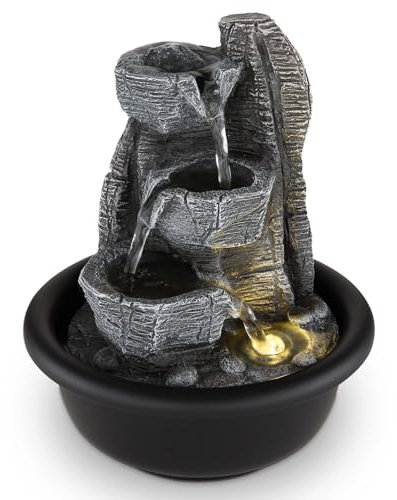 bmf-versand® Tischbrunnen mit Beleuchtung – Hübsche Dekoleuchte mit Dekolicht – Zimmerbrunnen mit Leuchtfunktion Pumpe Grau 4 Stufen Dekoration