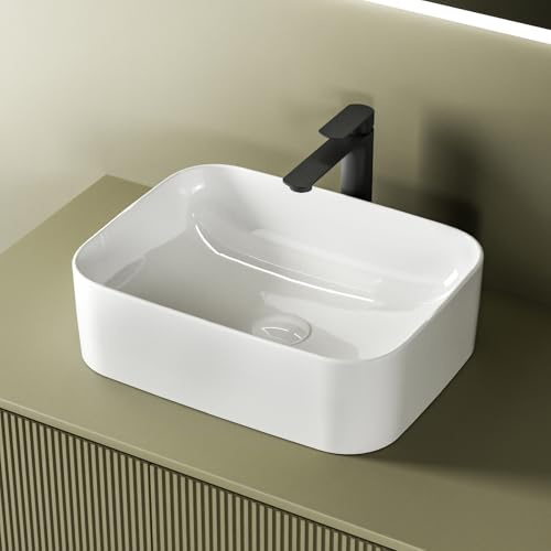 EMKE Lavabo da Appoggio Rettangolare 50,5 × 38 × 15 cm – per WC Ospiti, Ceramica per Bagno,Bianco Lucido