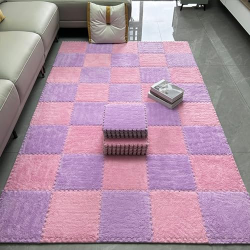 10 Stück flauschige ineinandergreifende Teppichfliesen, quadratische Spielmatte, Plüschschaum-Bodenmatten mit Rand, ineinandergreifende Fliesen, Puzzle-Bodenschutz (Größe: 0,23 Zoll, Farbe: Rosa + Lil