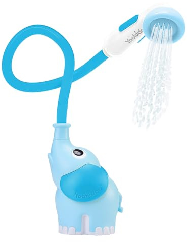 Yookidoo Duschkopf für Baby-Badewanne, Elefanten-Wasserpumpe mit Stammauslauf und Spüler, kontrolliert den Wasserfluss von 2 Knöpfen für maximalen für Neugeborene (Blue and Dark Blue)