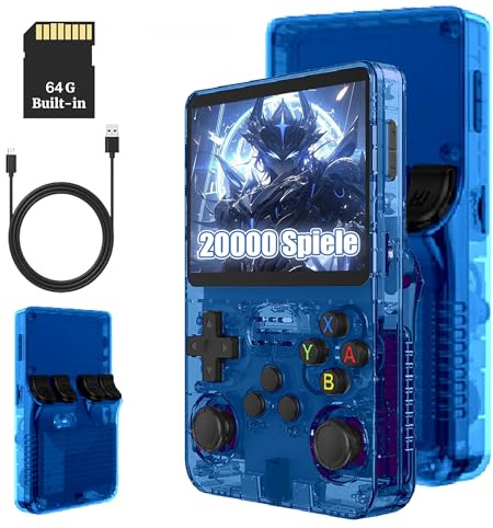 KINMRIS R36S Retro Handheld Spielkonsole, 64 G über 15000 Spiele, Retro Konsole 3,5-Zoll-IPS-Bildschirm, tragbare Spielkonsole für Kinder und Erwachsene, unterstützt mehrere Emulatoren (BLAU)