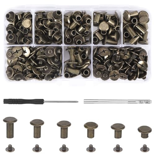 110 Satz Schraubnieten in Bronze, Leder Nieten Set mit Werkzeug, Madenschrauben Set, Hülsenschrauben Buchschrauben Hohlnieten Chicago Schrauben, Hülsenmutter M5 x 4/5/6/8/10/12