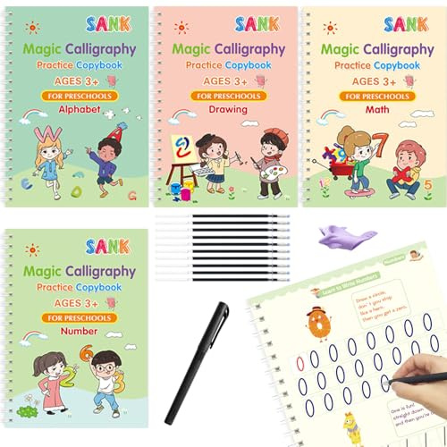 LaresDay Lot de 4 cahiers d'exercices d'écriture pour enfant - Cahiers de calligraphie réutilisables avec guide rainuré (chiffres/lettres), avec stylo, 10 recharges et aide à l'écriture - Non toxique
